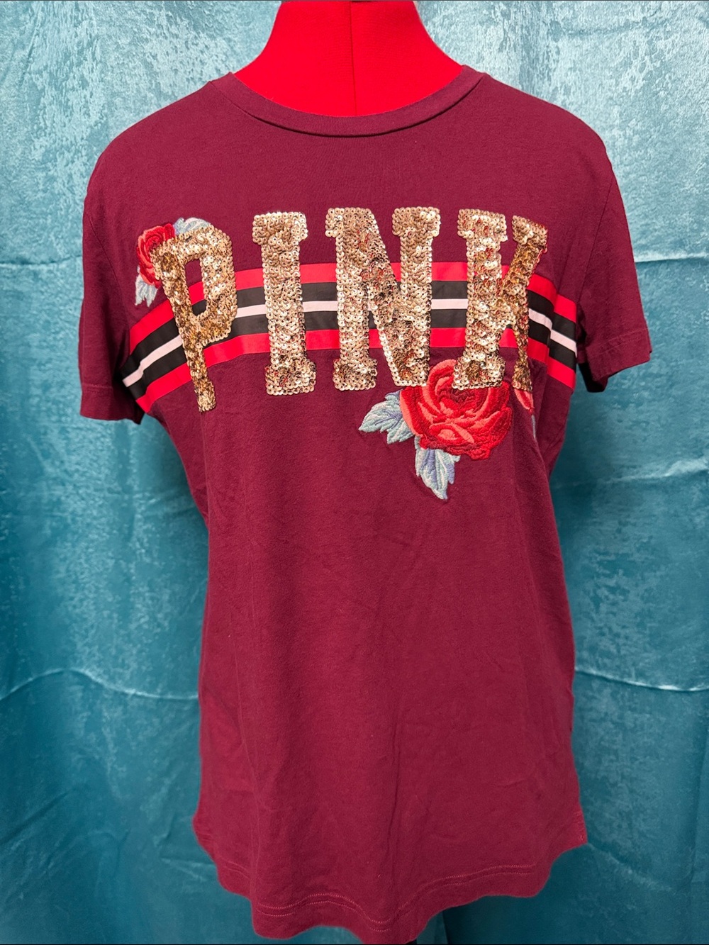 PINK Victoria's Secret Maroon Tee with Gold Sequin Logo and Rose Embroidery